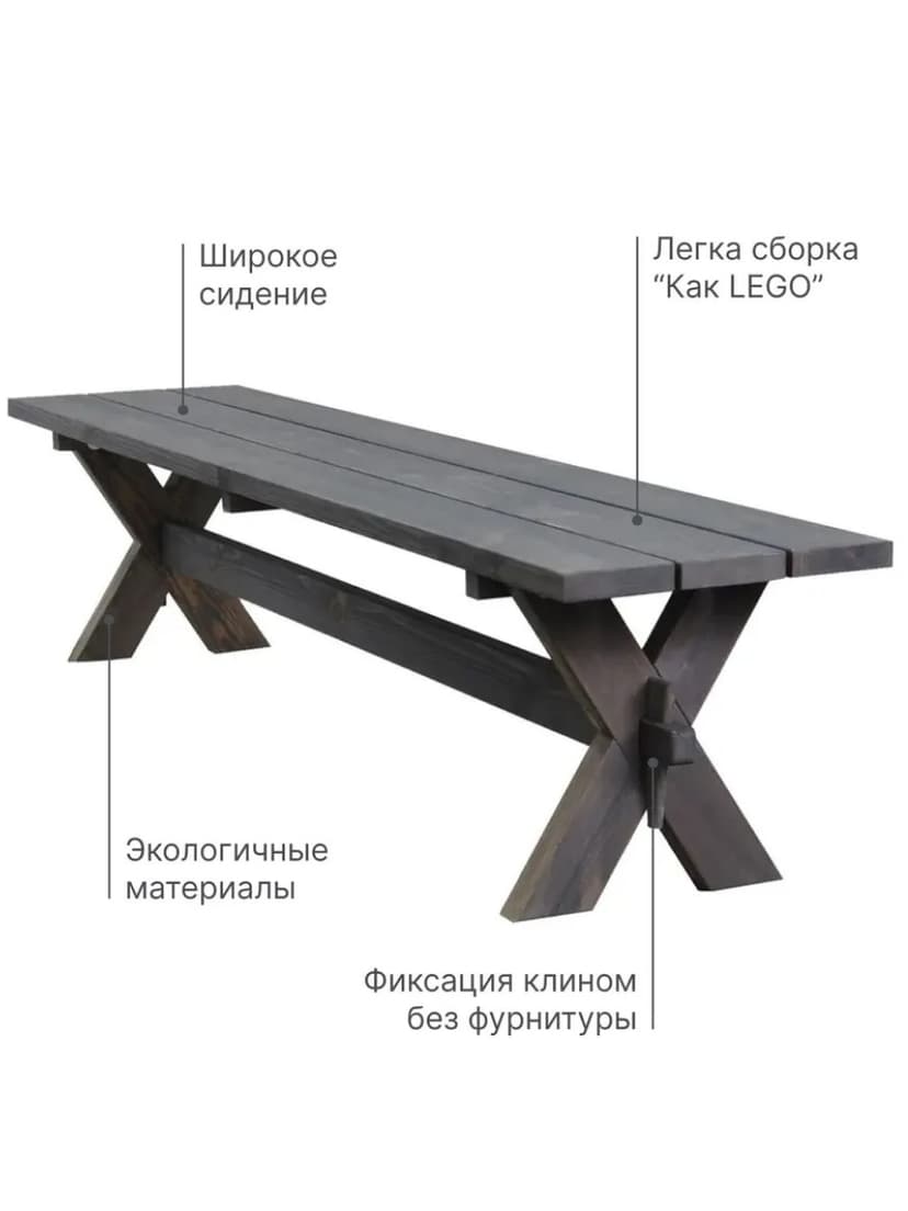 Скамейка садовая 200х44х45, Осло, деревянная скамья, массив сосны, для дома и сада, цвет графит — фото 5