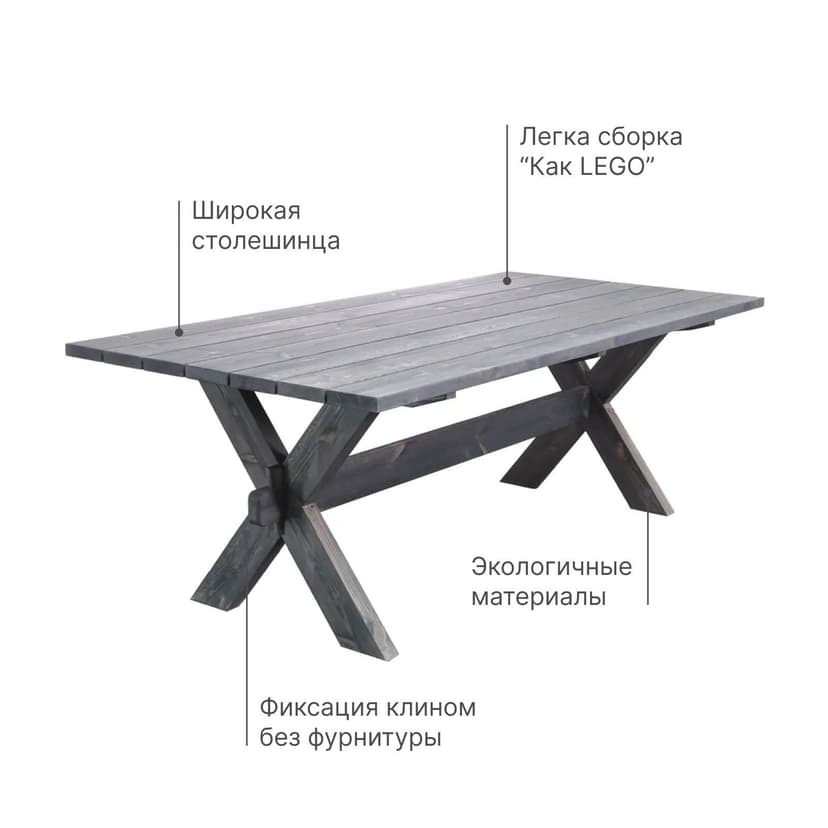 Стол обеденный Осло садовый, деревянный из массива сосны, 210х103 см, графит — фото 7