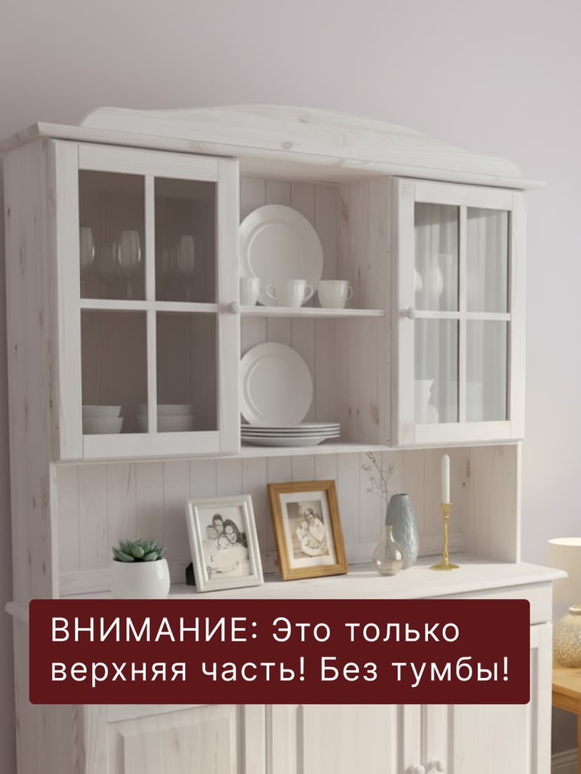 Витрина, 132х28х109, Лена, двухдверный, массив сосны, с 3 полками (верхняя часть буфета Лена), белый, Dipriz — фото 12