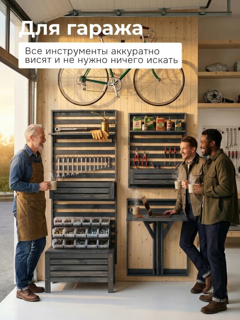 Панель для стен деревянная Эпларо 89х76 см, органайзер хранения из массива сосны для сада, балкона и прихожей, графит — фото 6
