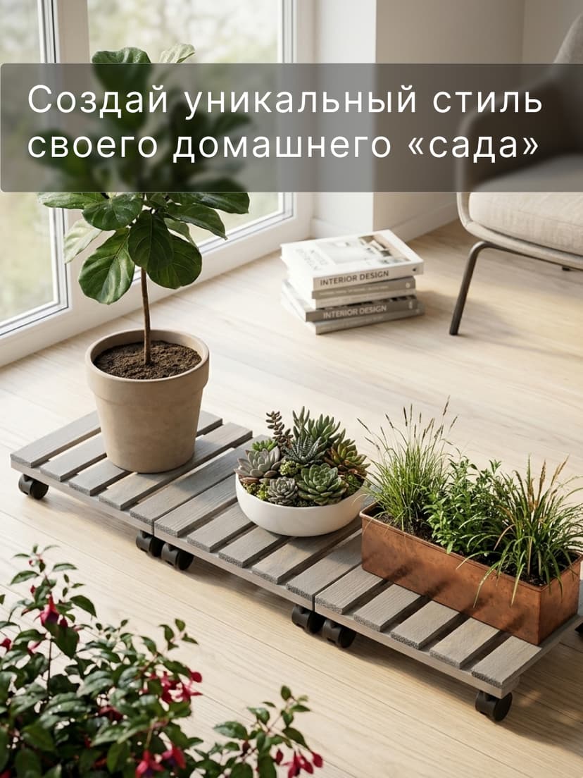 Подставка для цветов, 30х30х7, Флорэль, круглая на колесиках, этажерка, напольное, на подоконник, полка, из массива дерева, серый