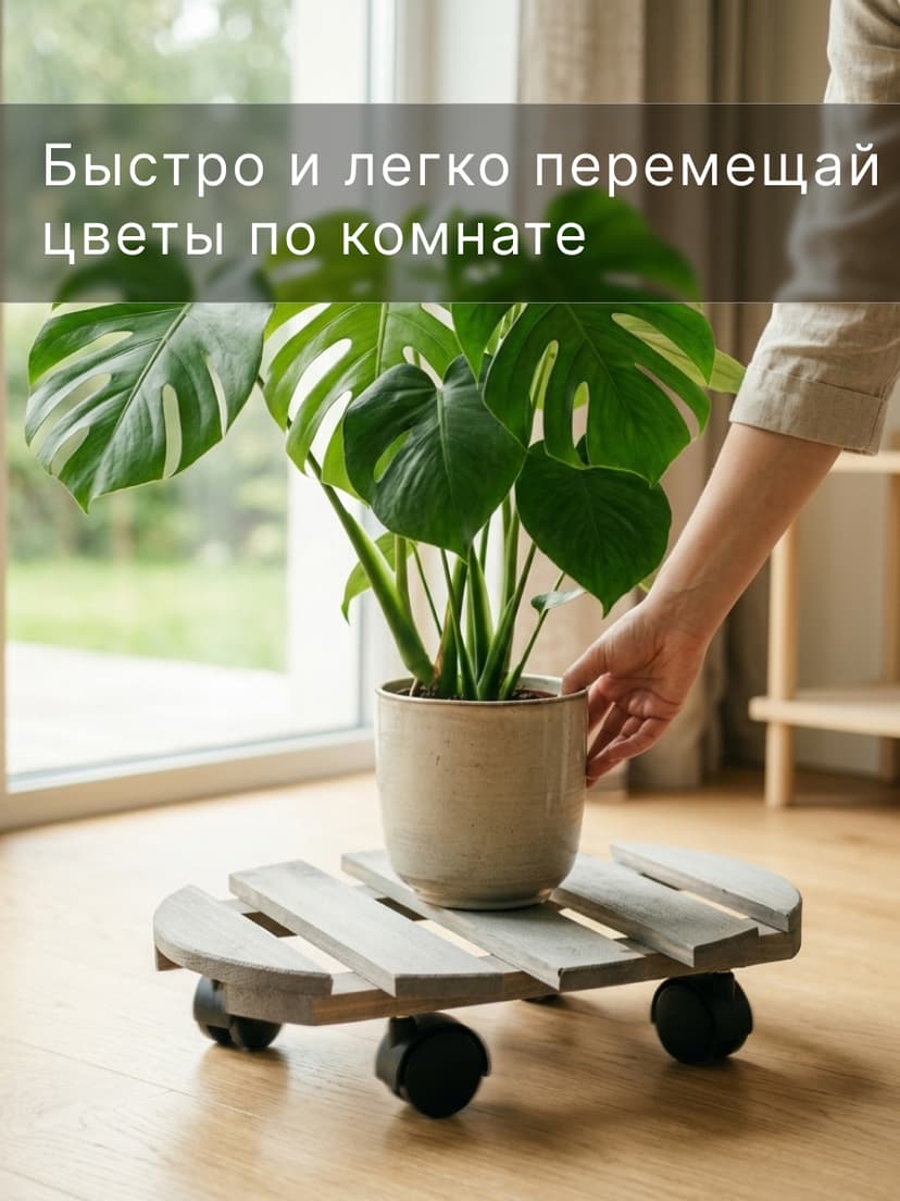 Подставка для цветов, 30х30х7, Флорэль, круглая на колесиках, этажерка, напольное, на подоконник, полка, из массива дерева, серый
