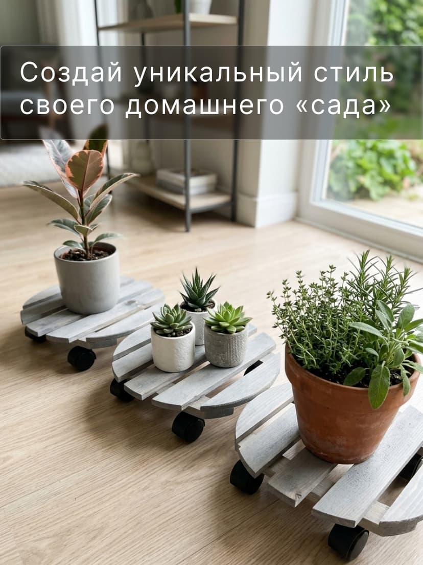 Подставка для цветов, 30х30х7, Флорэль, круглая на колесиках, этажерка, напольное, на подоконник, полка, из массива дерева, серый