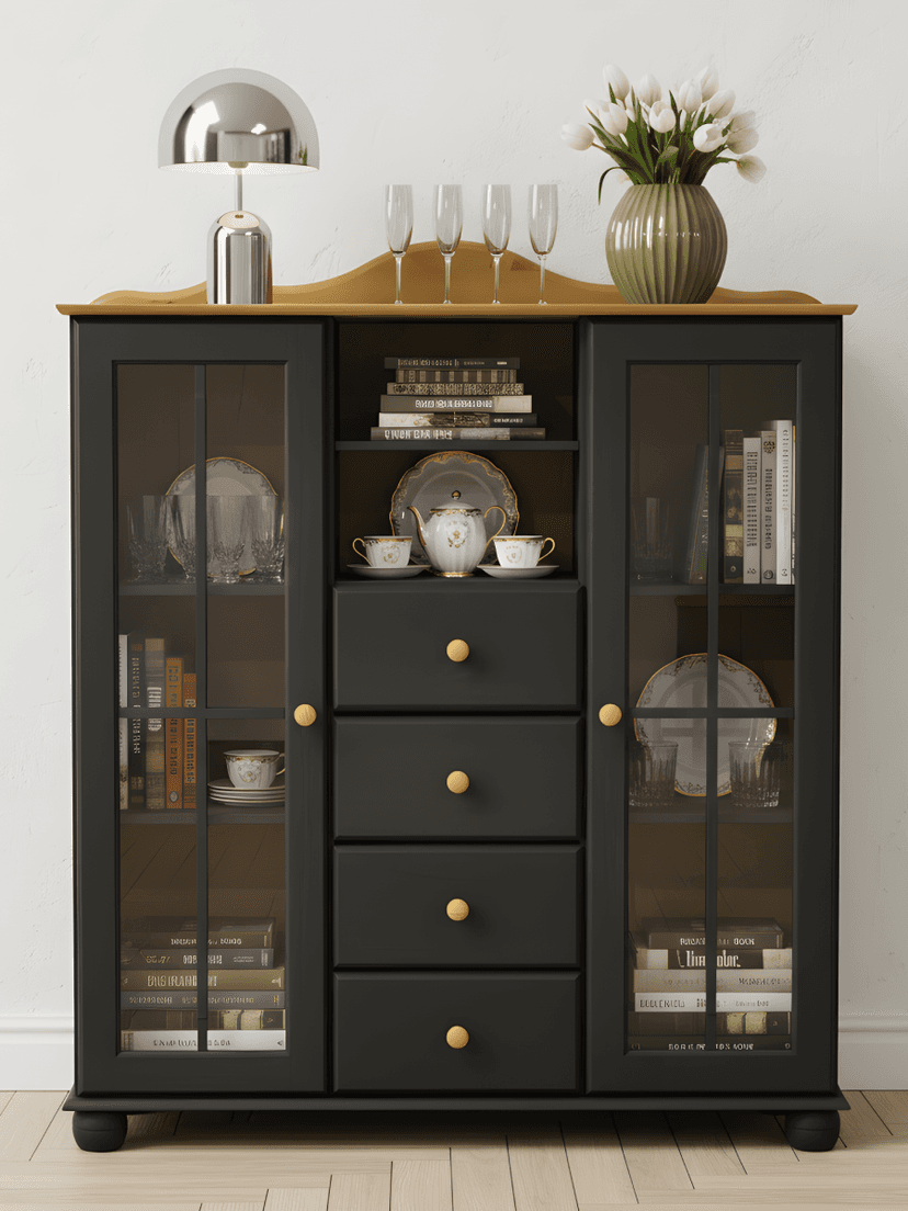 Шкаф-витрина двухдверная Бритта из сосны, с 4 ящиками, 113х32х128 см, серый/антик — фото 14
