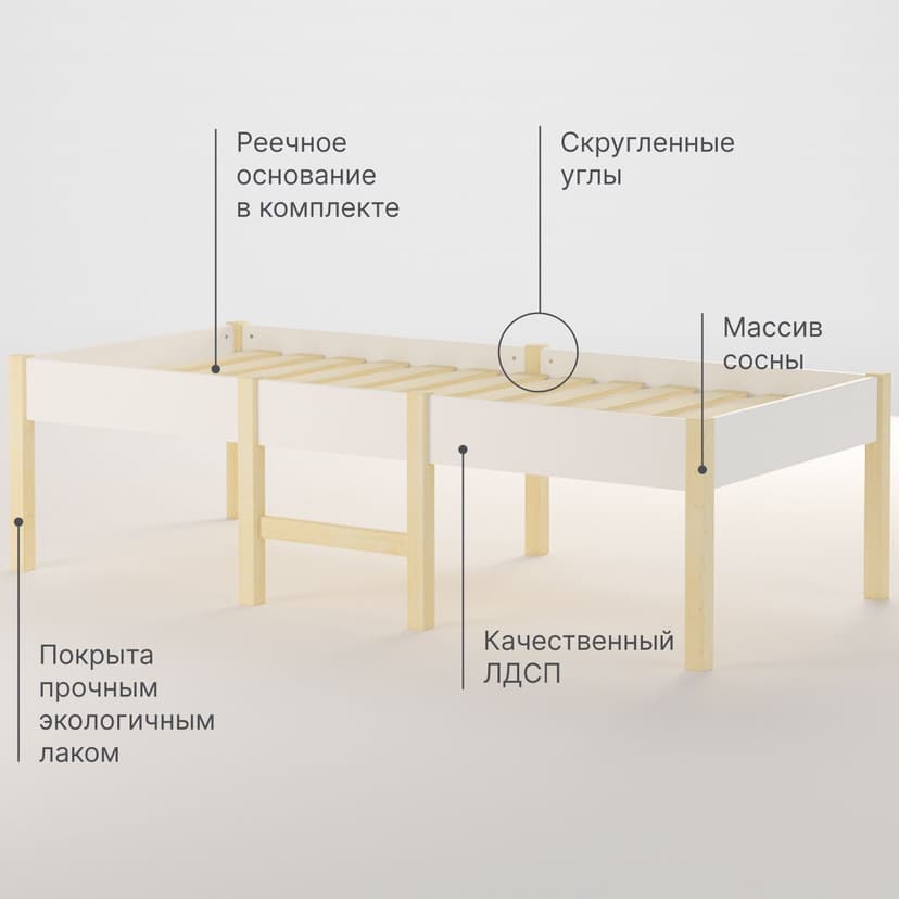Кровать односпальная Ами 160х80 см из массива сосны, ЛДСП, цвет белый/натуральная сосна — фото 2
