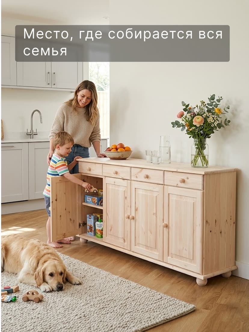 Тумба, 174х39х81, Лена, для кухни, для одежды, с ящиками, 4 двери из массива дерева, бежевый — фото 5