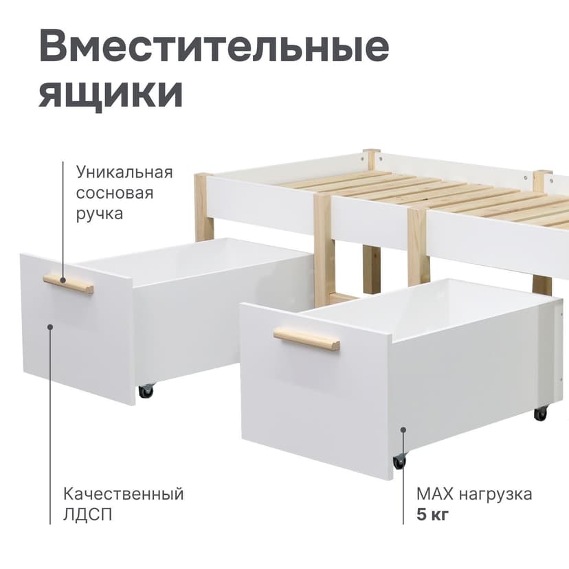 Комплект выдвижных ящиков под кровать Ами с уникальной сосновой ручкой, 2 шт, белый — фото 4