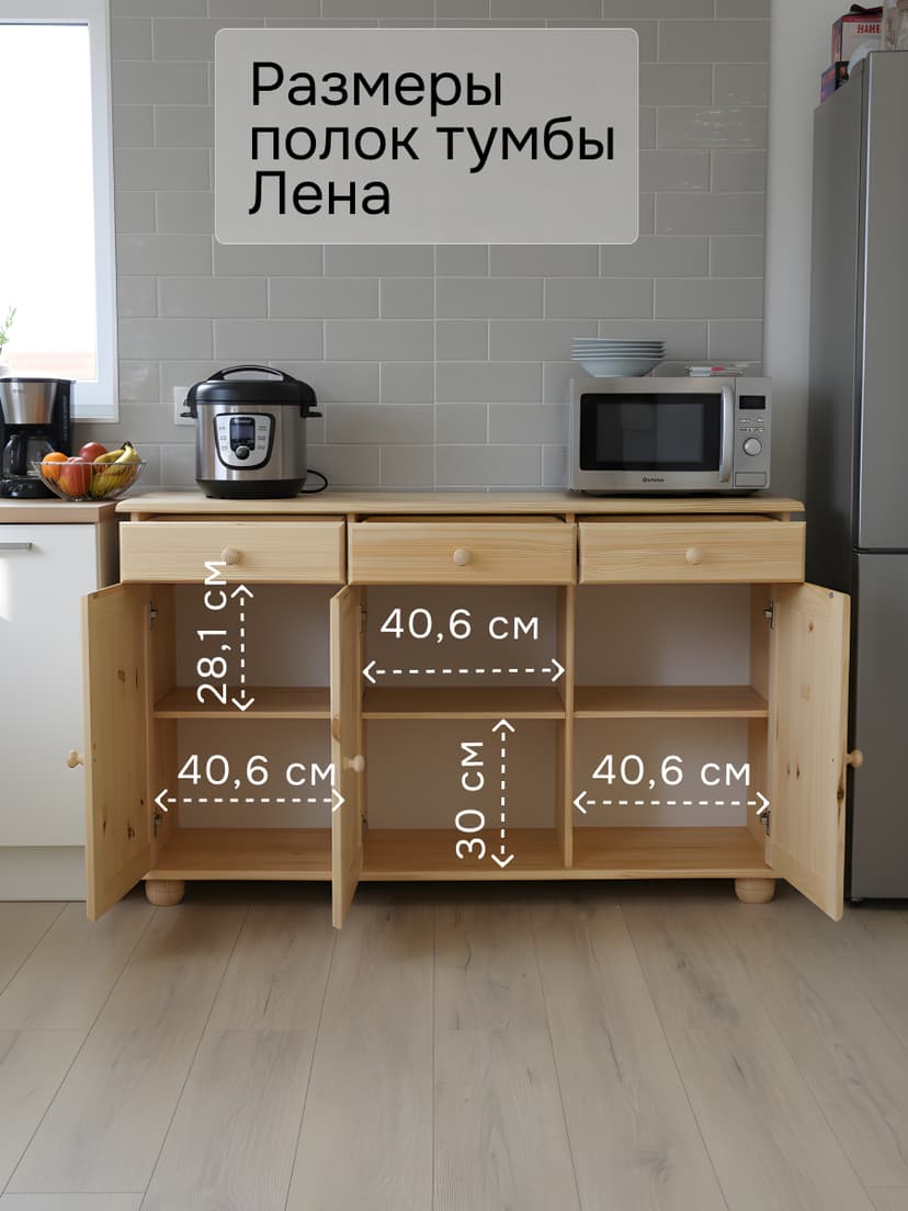 Шкаф-витрина Лена 132×39×192, буфет для кухни, массив сосны без покрытия, бежевый — фото 2