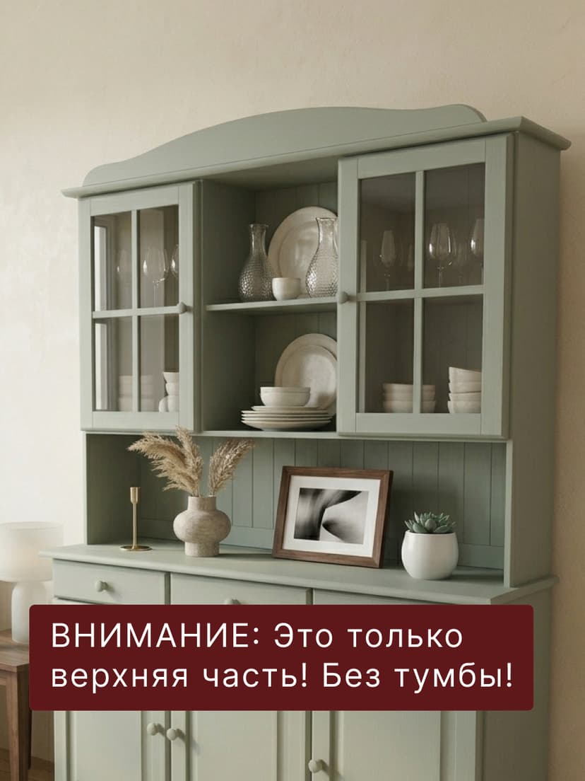 Шкаф витрина 132х28х109, Лена, стеклянная для посуды, двухдверный буфет из массива сосны, с 3 полками (верхняя часть буфета Лена), зеленый эвкалипт — фото 2