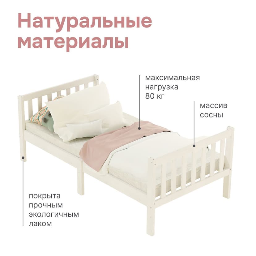 Кровать детская Фиона 160х80, деревянная из массива сосны, белый