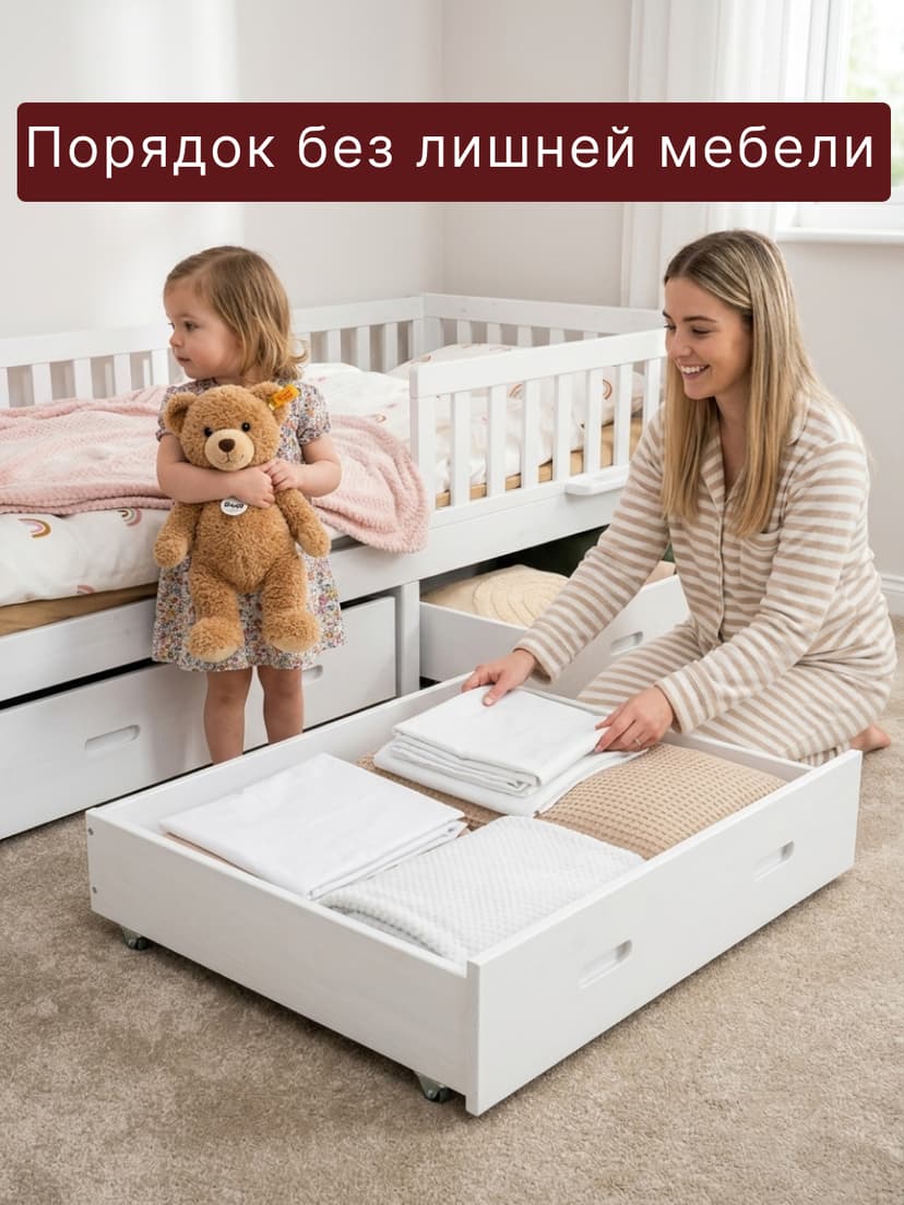 Ящики для кровати 90х200, Альков, комплект из 2 шт, для односпальной детской кровати домика, массив сосны, белый, Dipriz — фото 2