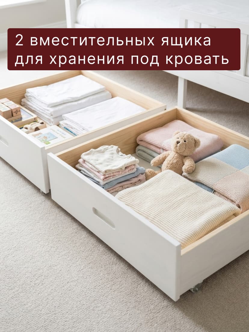Ящики для кровати 90х200, Альков, комплект из 2 шт, для односпальной детской кровати домика, массив сосны, белый, Dipriz — фото 3