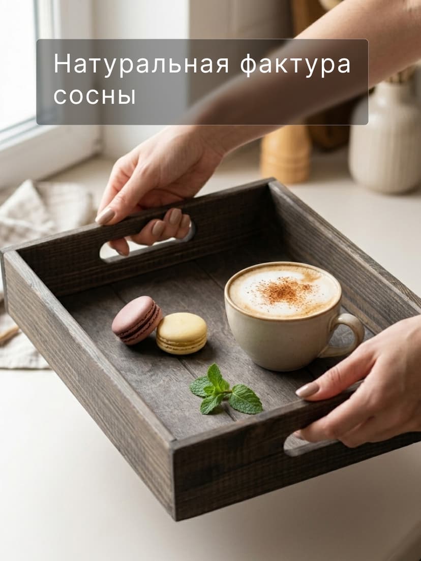 Поднос, 38х28х7, Флоутард, столик для завтрака в постель, для кухни, состаренный бурый, массив сосны, темно-коричневый — фото 8
