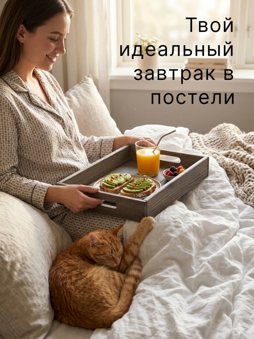 Поднос, 38х28х7, Флоутард, столик для завтрака в постель, для кухни, состаренный бурый, массив сосны, темно-коричневый — фото 3