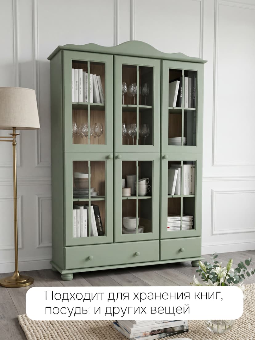 Шкаф-витрина Бритта 113×32×186, массив сосны, эвкалипт, стеклянные створки и 2 ящика, зеленый — фото 3