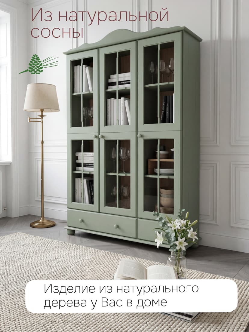 Шкаф-витрина Бритта 113×32×186, массив сосны, эвкалипт, стеклянные створки и 2 ящика, зеленый — фото 4