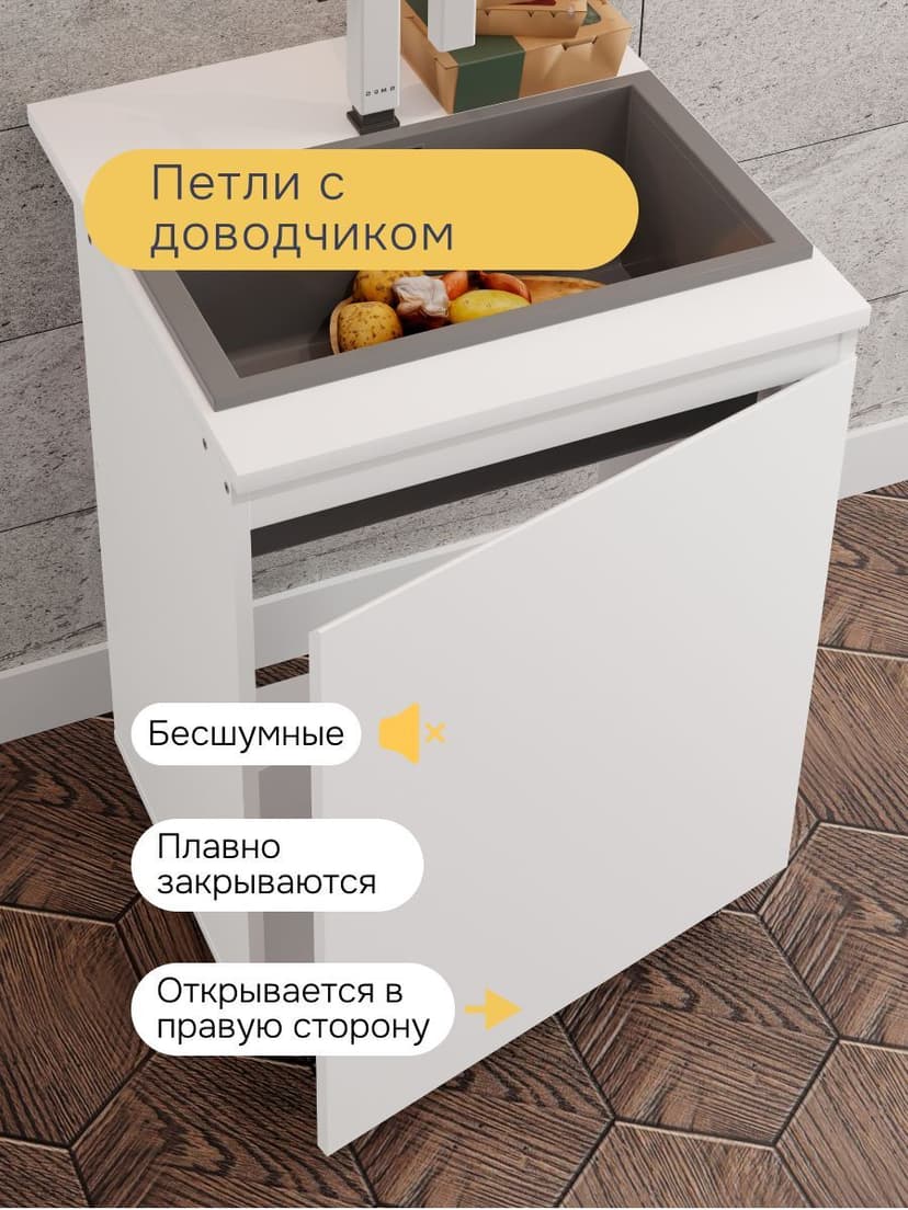 Кухонный модуль напольный под мойку 60 см Севилья, 1 дверь, без столешницы, белый, ЛДСП — фото 5