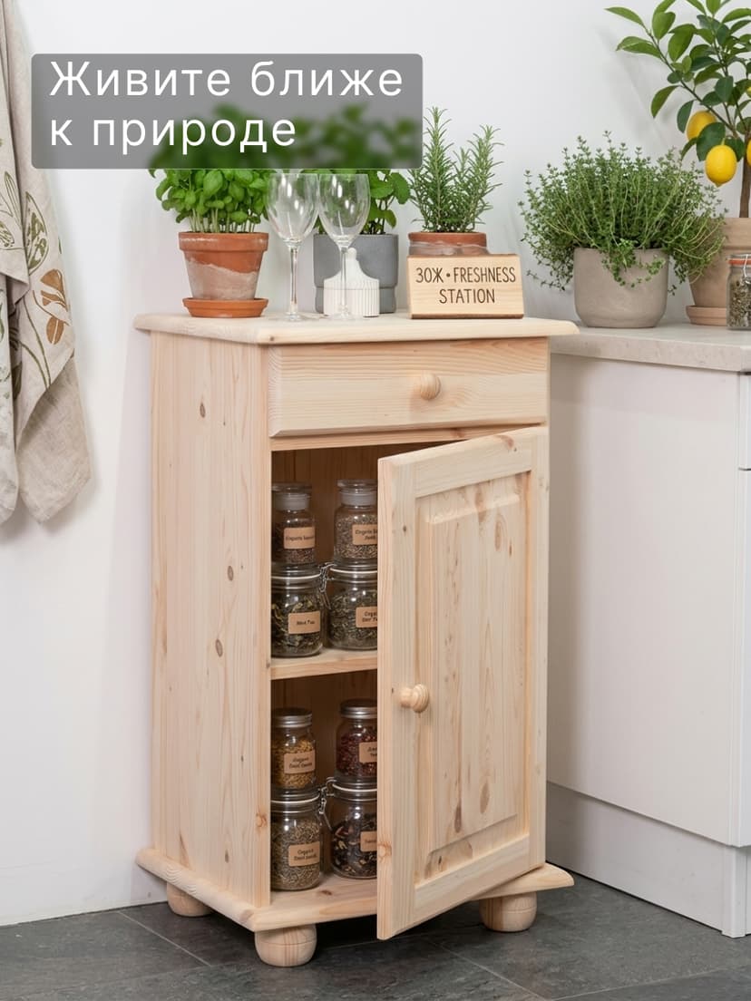 Тумба Лена 48×39×81 см, однодверная, с ящиком, буфет для кухни, массив сосны, бежевый — фото 7