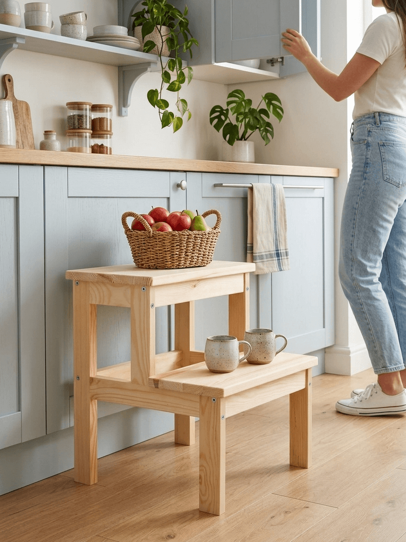 Табурет для кухни, 38х38х43, Беквэм, стремянка, деревянный степ-стул с переносной ручкой, светло-бежевый — фото 2