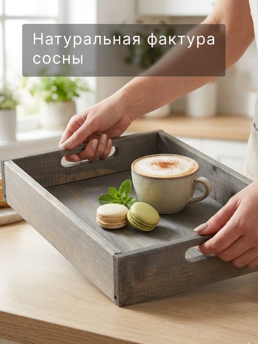 Поднос, 38х28х7, Флоутард, столик для завтрака в постель, для кухни, состаренный серый