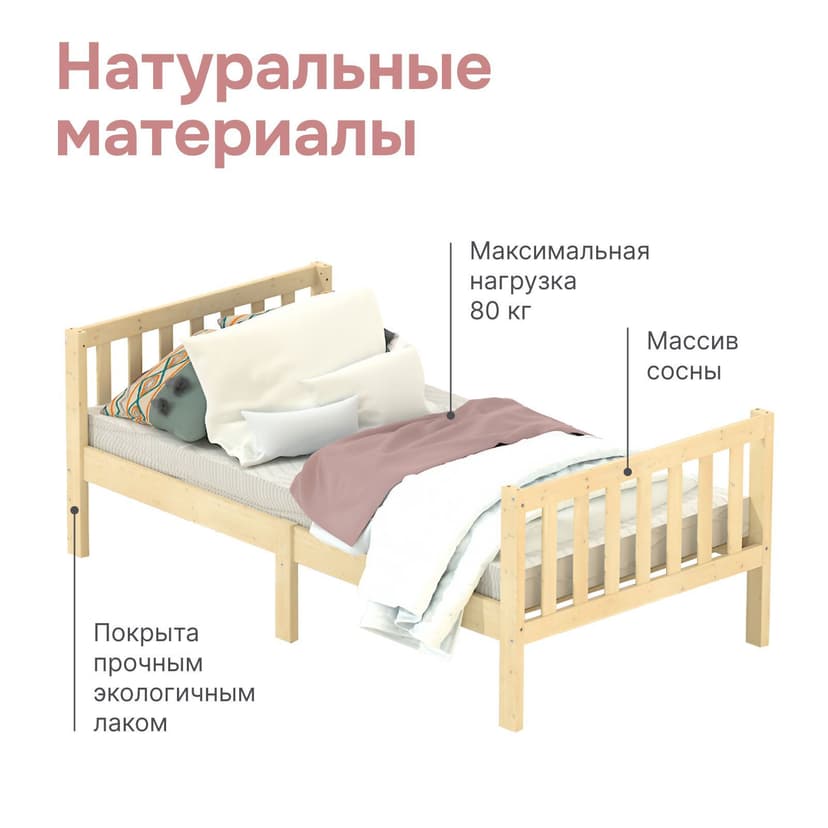 Кровать односпальная Фиона 160*80 см с настилом из массива сосны, в лаке, бежевый — фото 3