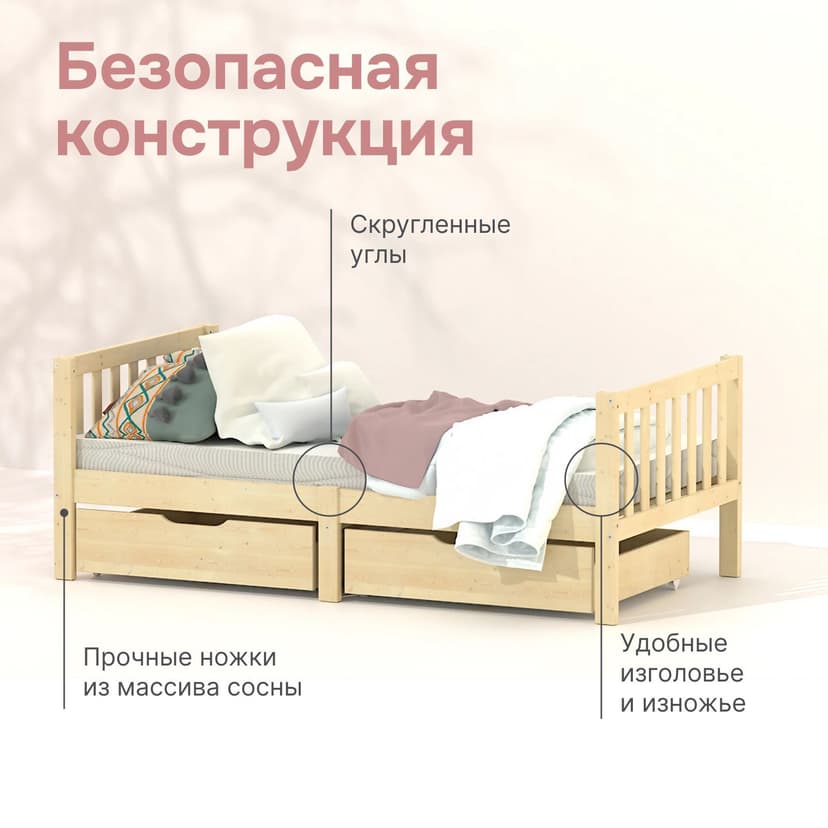 Кровать односпальная Фиона 160*80 см с настилом из массива сосны, в лаке, бежевый — фото 5