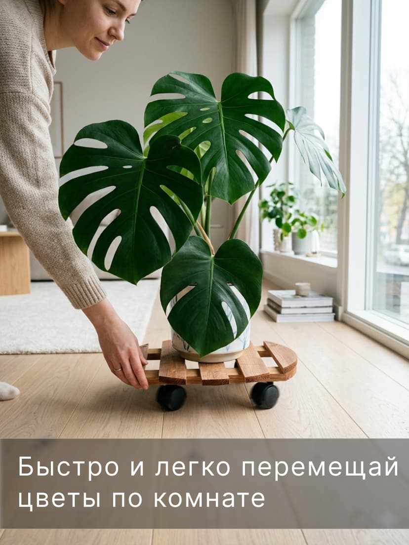 Подставка для цветов, 30х30х7, Флорэль, круглая на колесиках, этажерка, напольное, на подоконник, полка, из массива дерева, рустик, коричневый — фото 2