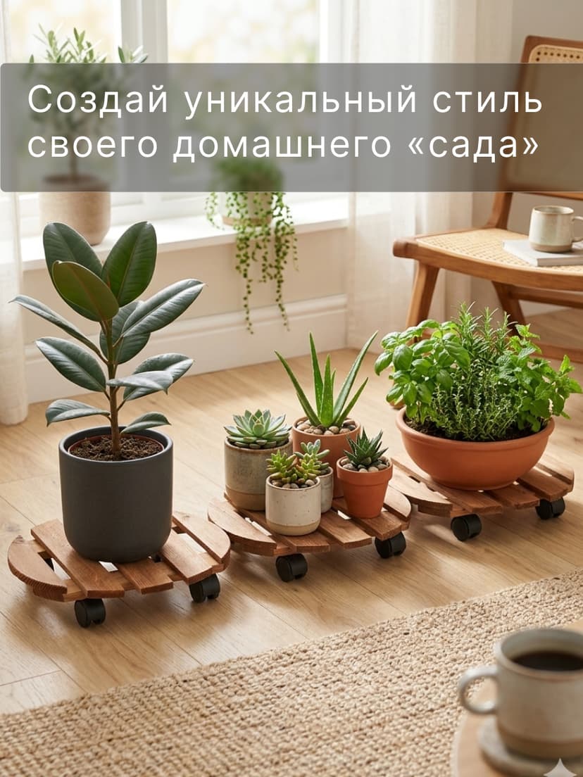 Подставка для цветов, 30х30х7, Флорэль, круглая на колесиках, этажерка, напольное, на подоконник, полка, из массива дерева, рустик, коричневый — фото 4