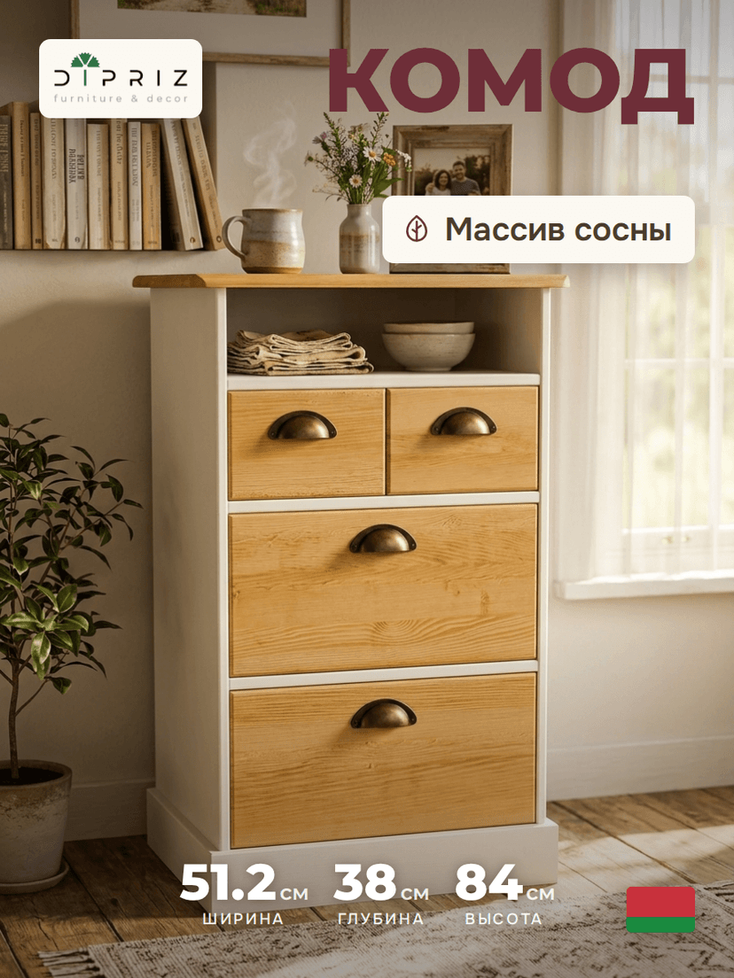 Комод деревянный Тэа 51х38х84 см с ящиками и полкой Тэа из массива сосны, 4 ящика / белый, бейц