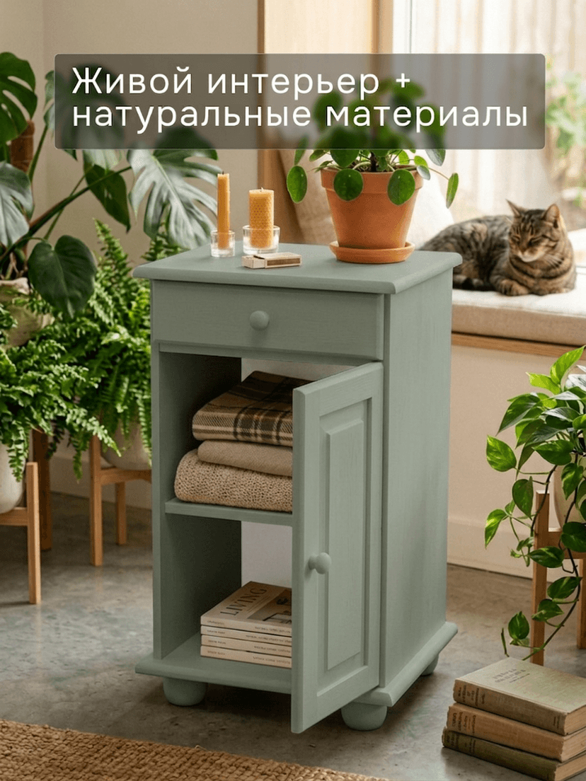 Тумба Лена однодверная из сосны, с ящиком (нижняя часть буфета Лена), эвкалипт, зеленый — фото 5