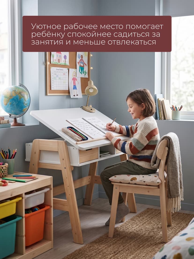Стол письменный 94х59х75 Кампо, растущая парта с ящиками с регулировкой наклона и высоты, детский, массив сосны, белый — фото 2