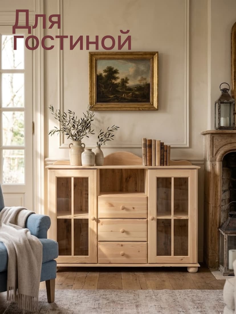 Комод Бритта 2 двери 3 ящика из массива сосны, 113х32х94 см, в натуральной отделке — фото 3