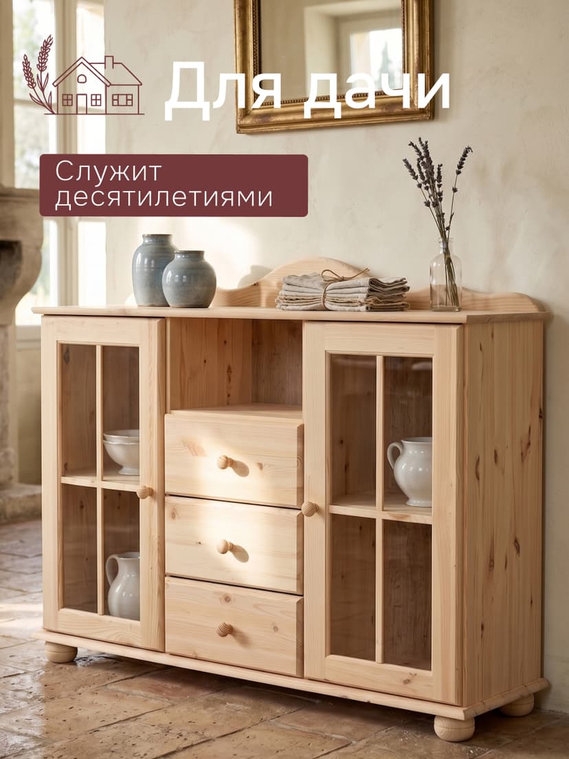 Комод Бритта 2 двери 3 ящика из массива сосны, 113х32х94 см, в натуральной отделке — фото 6