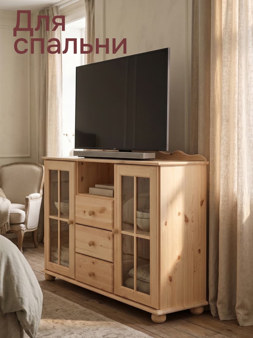 Комод Бритта 2 двери 3 ящика из массива сосны, 113х32х94 см, в натуральной отделке — фото 7