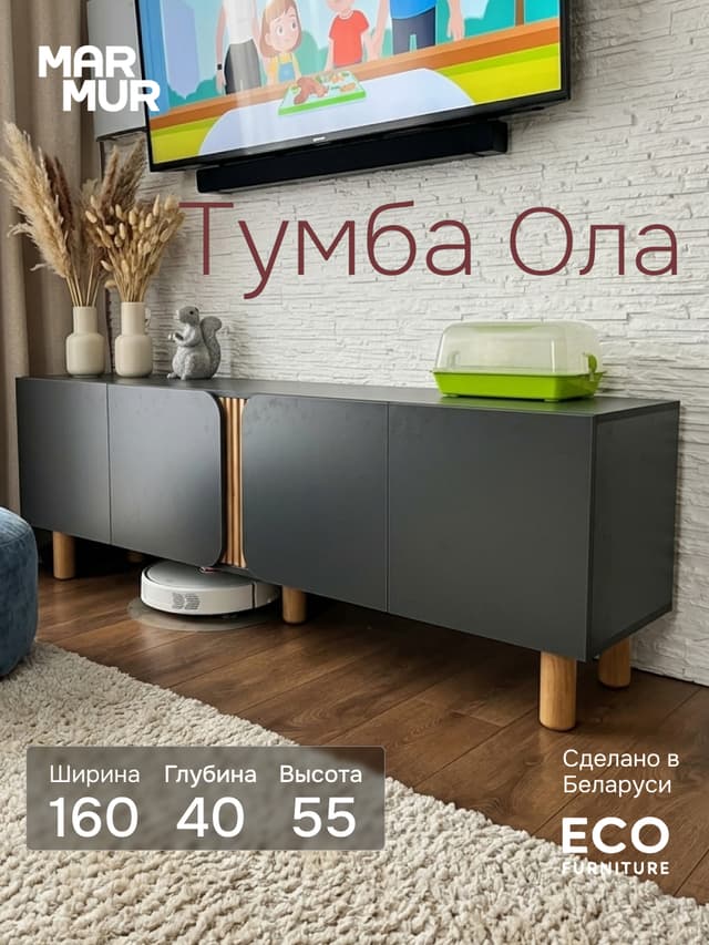 Тумба под телевизор, 160х40х55, Ола, напольная, в прихожую, графит / сосна