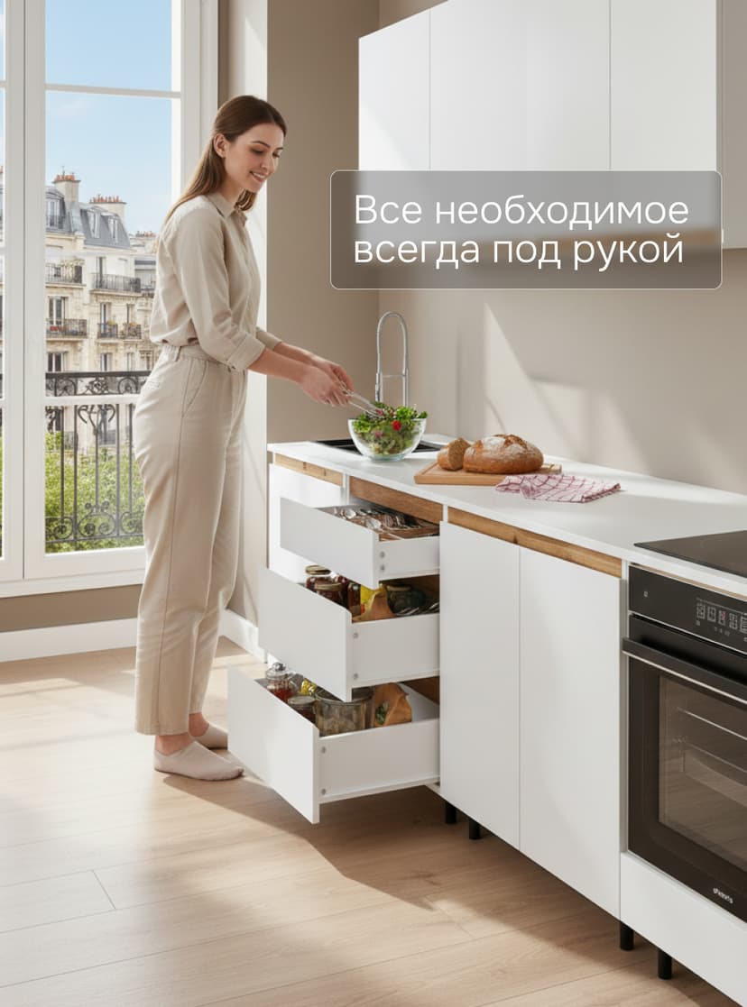 Кухонный модуль напольный 60 см Валенсия, 3 ящика 14,4+23+23, без столешницы, белые фасады, дубовые вставки — фото 3