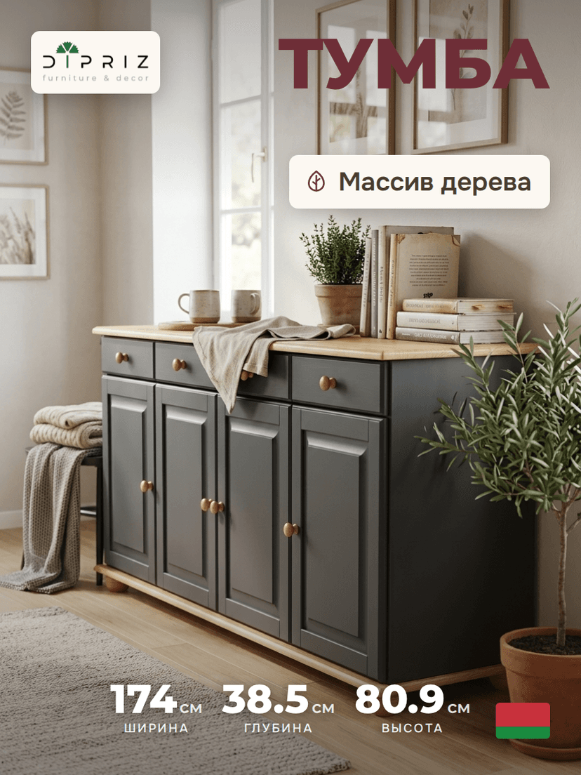 Dipriz Тумба Лена 4 двери из сосны, с ящиками (нижняя часть буфета Лена), серый/антик