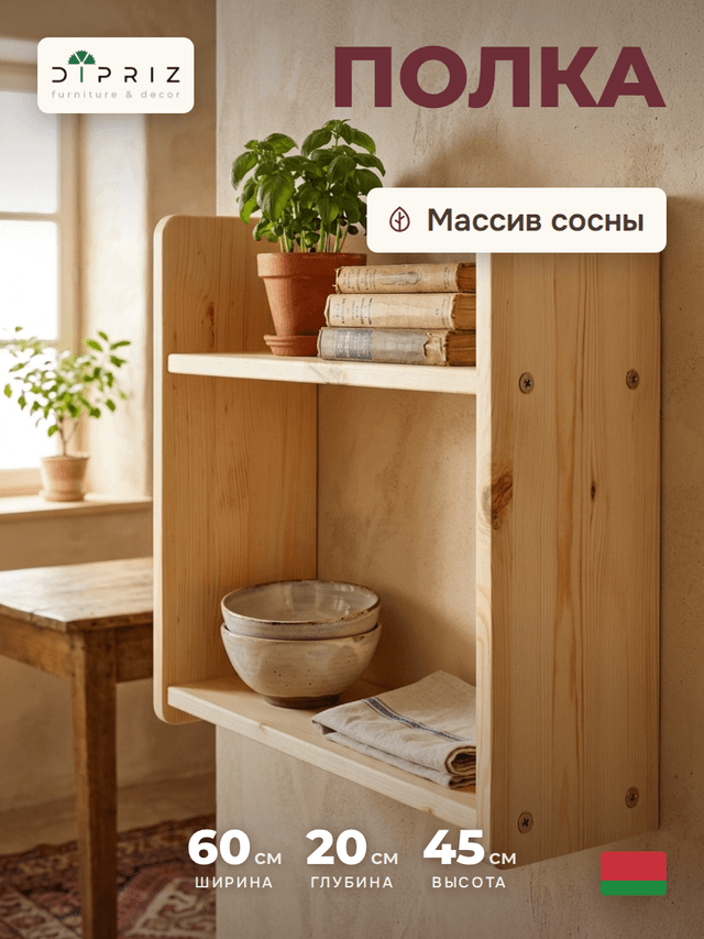 Полка настенная Ральф из массива сосны, 60x20x45 см, прозрачный лак