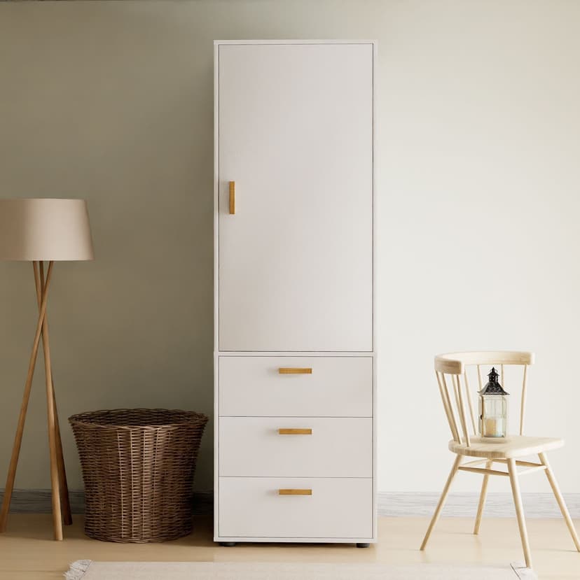 Шкаф для одежды Моби 60×58×187, 1 дверь и 3 ящика, белый, ручки из массива дуба — фото 3