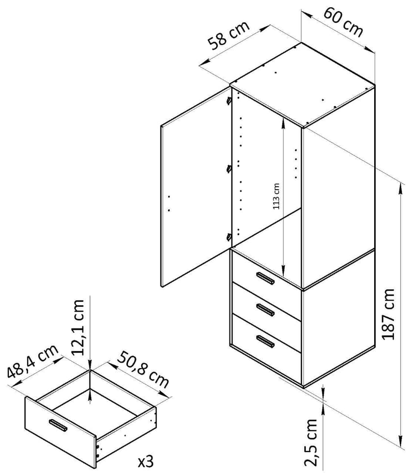 Шкаф для одежды Моби 60×58×187, 1 дверь и 3 ящика, белый, ручки из массива дуба — фото 5