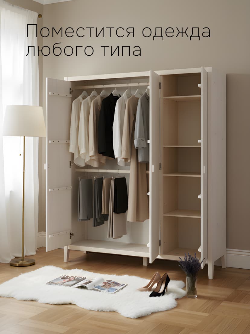 Шкаф для одежды Карлос 154×50×173, 3 двери, штанга и полки, массив сосны, белый воск