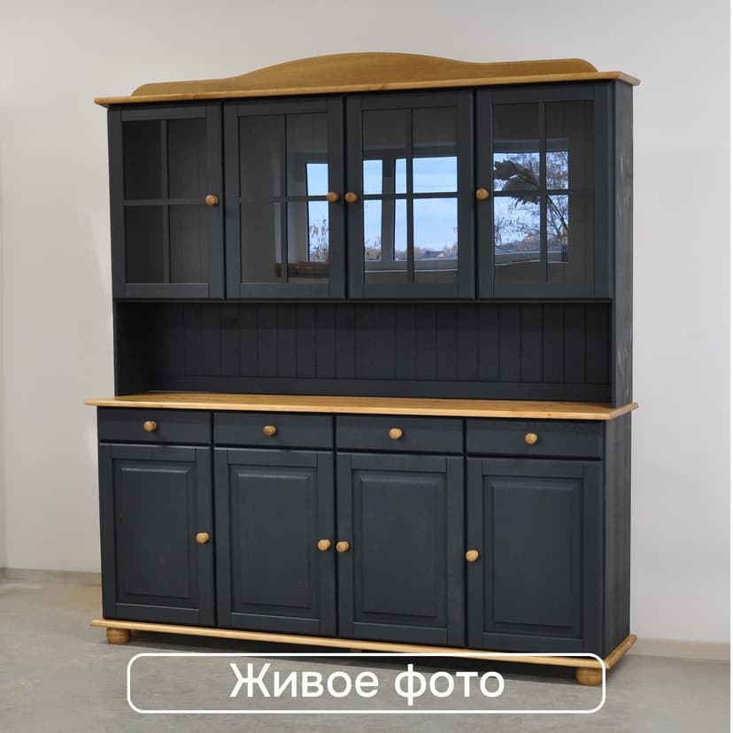 Витрина Лена 174×28×109, надстройка буфета, массив сосны, серый воск с сосновым карнизом — фото 7