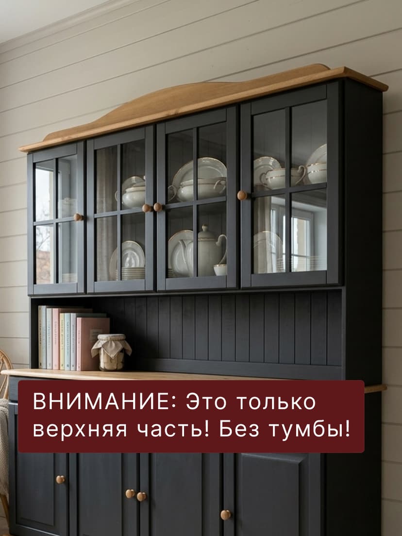 Витрина Лена 174×28×109, надстройка буфета, массив сосны, серый воск с сосновым карнизом — фото 2