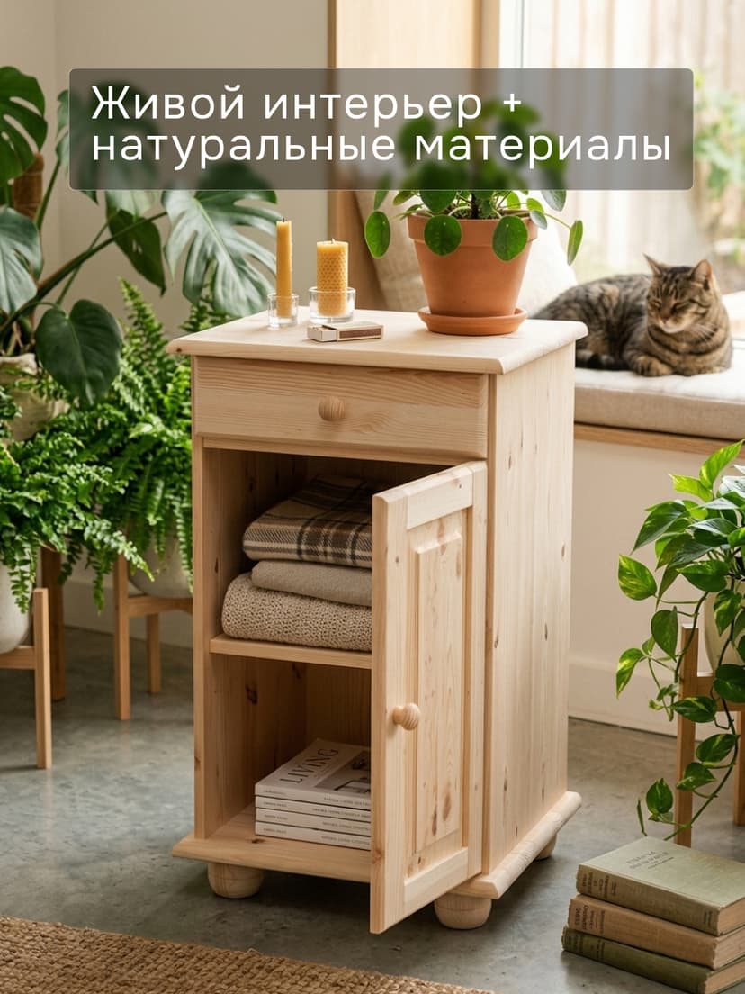 Тумба, 48х39х81, Лена, однодверная, из массива дерева, с ящиком, буфет для кухни, лак, бежевый — фото 7
