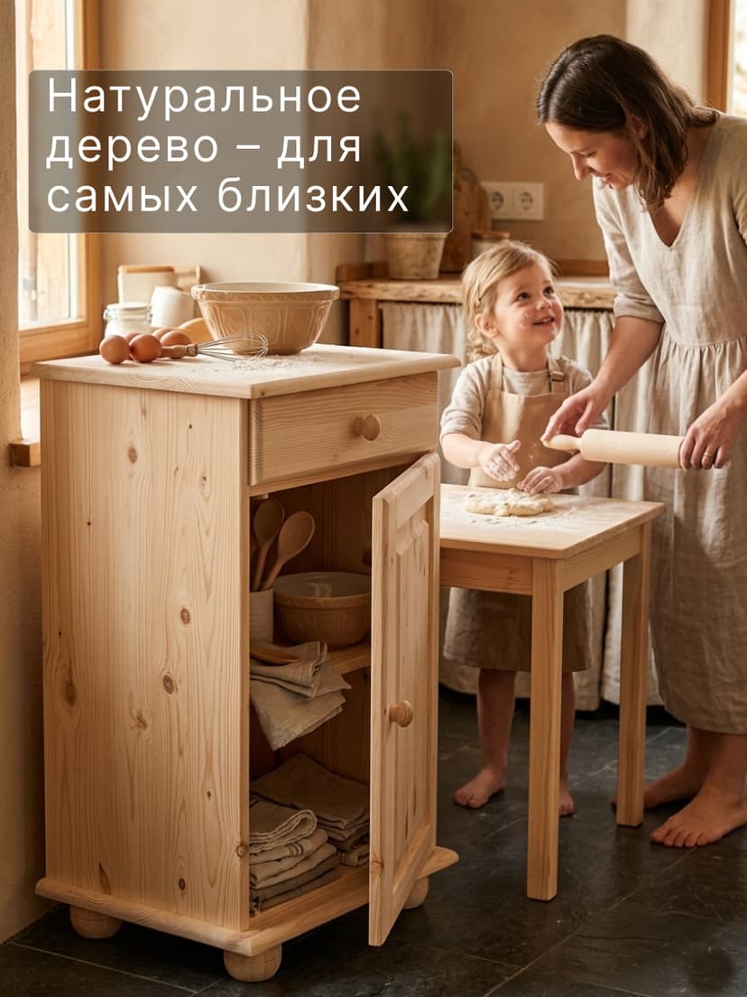 Тумба, 48х39х81, Лена, однодверная, из массива дерева, с ящиком, буфет для кухни, лак, бежевый — фото 5