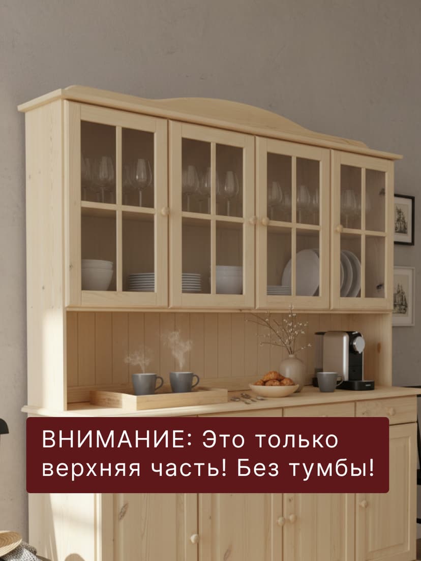 Витрина Лена 174×28×109, надстройка буфета, массив сосны под лаком, натуральный цвет — фото 2