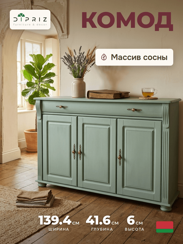 Комод Сюзанна 139 см, 1 ящик и 3 полки, массив сосны, зелёный