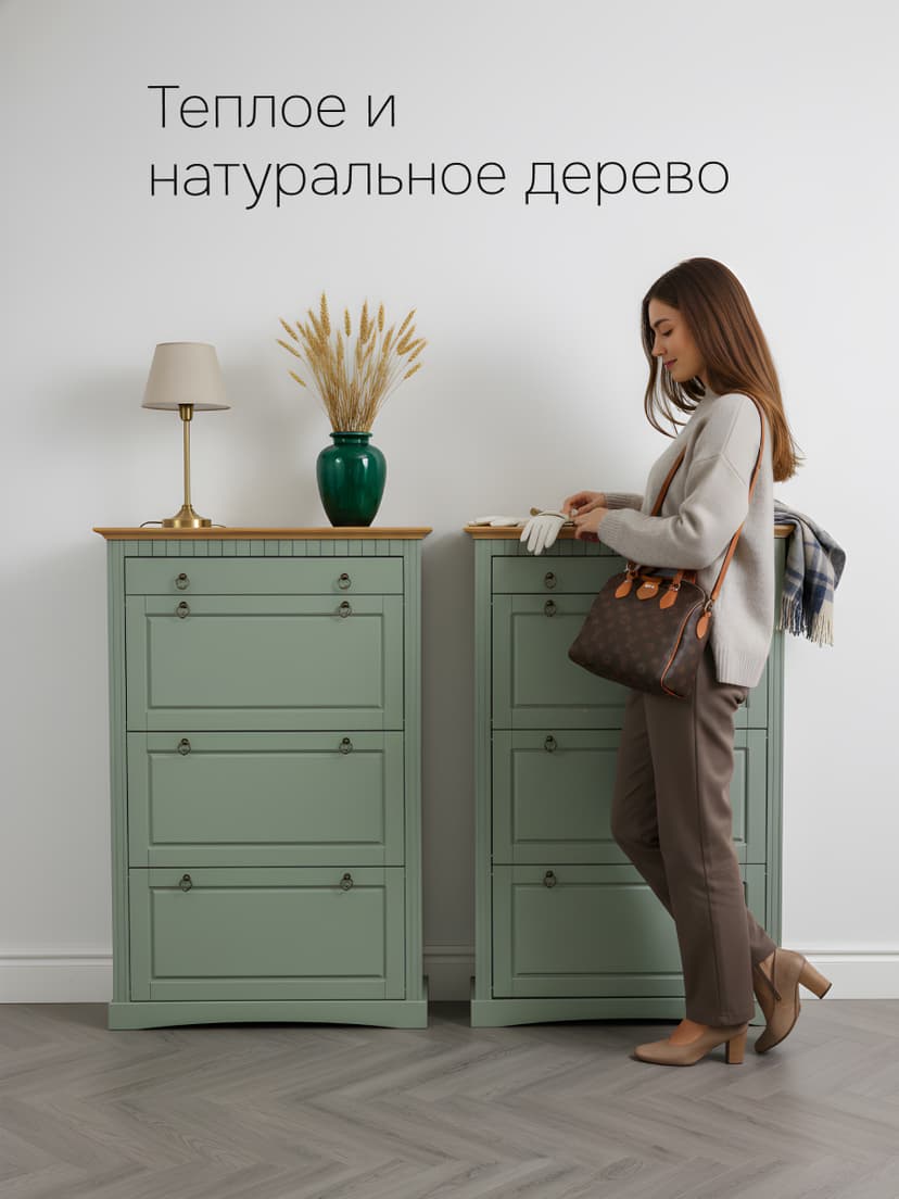 Обувница для прихожей Неаполь, 3 двери с ящиком, деревянная, зеленый — фото 10