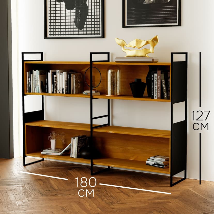 Стеллаж Бьерн 180×35×127, массив сосны с металлическими боковинами, бейц — фото 2