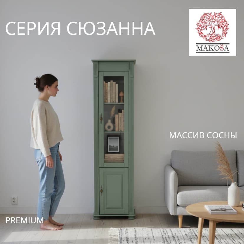 Шкаф-витрина Сюзанна из сосны, зеленый